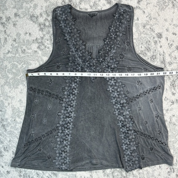 POL APPLIQUÉ EMBROIDERED SLEEVELESS V NECK BOHO BLOUSE TANK GRAY WASHED SZ LG - Picture 10 of 11